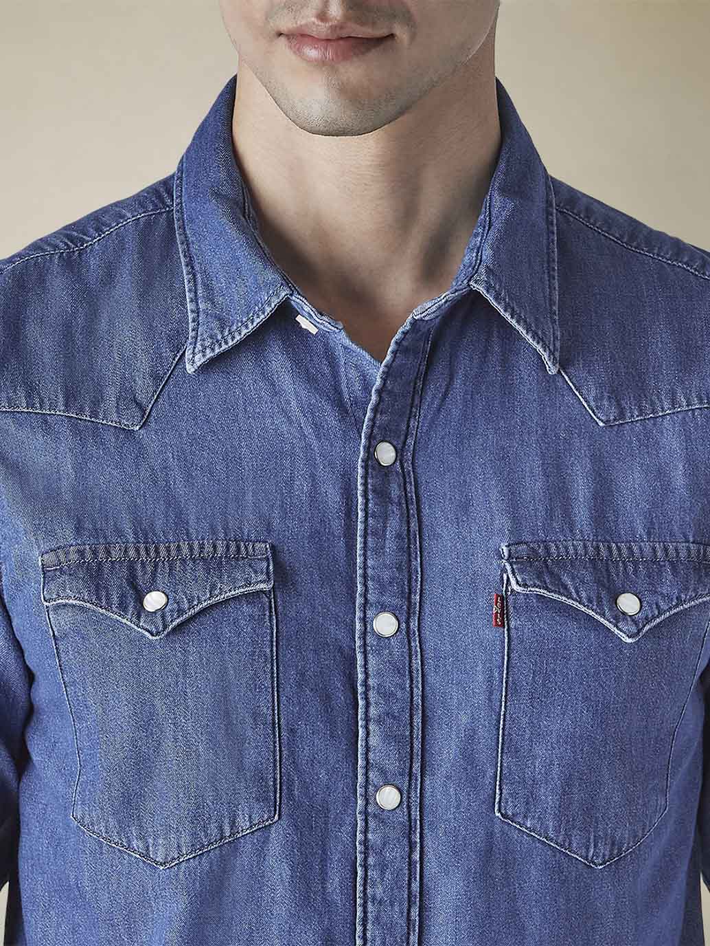 Men's Solid Slim Fit Denim Shirt - Detail View