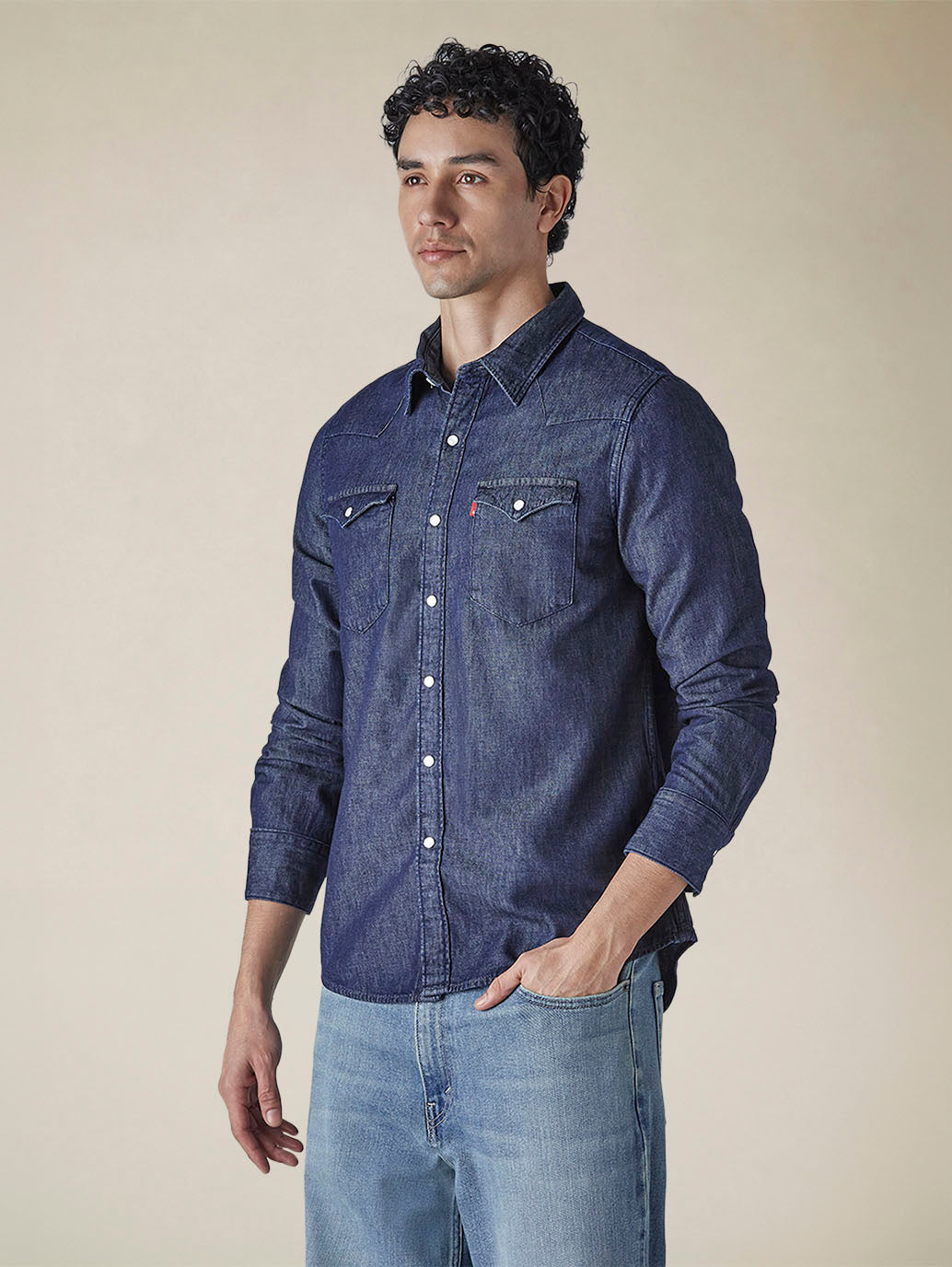 Men's Solid Slim Fit Denim Shirt - c7c83710-dbb2-4cb6-b7f0-634428a77488 View