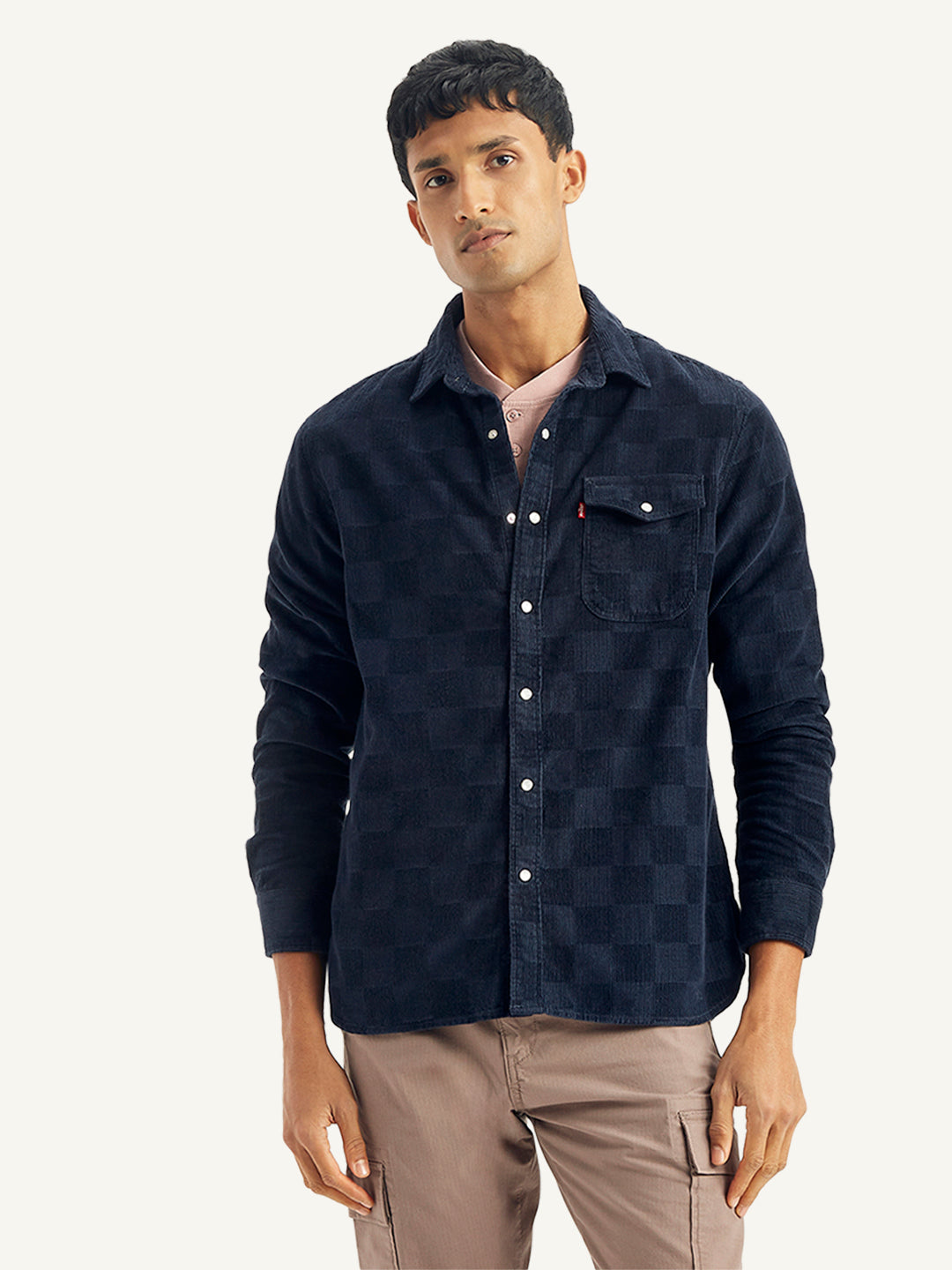Men's Checkered Spread Collar Denim Shirt - Front View