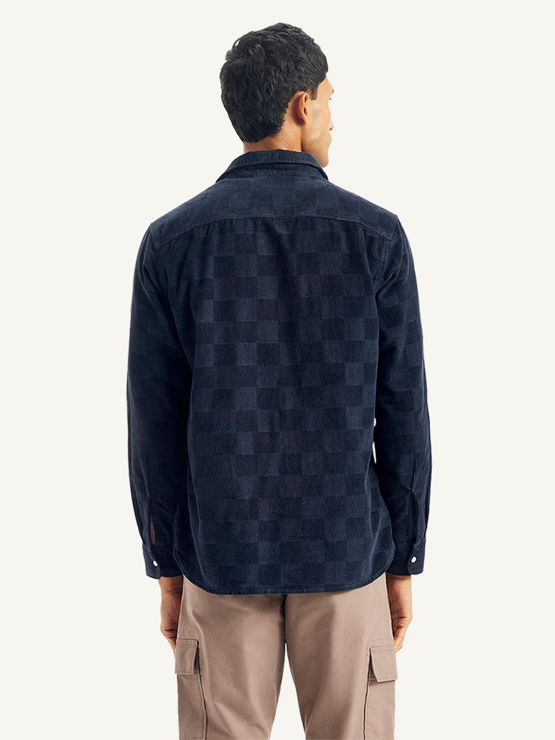 Men's Checkered Spread Collar Denim Shirt - Back View