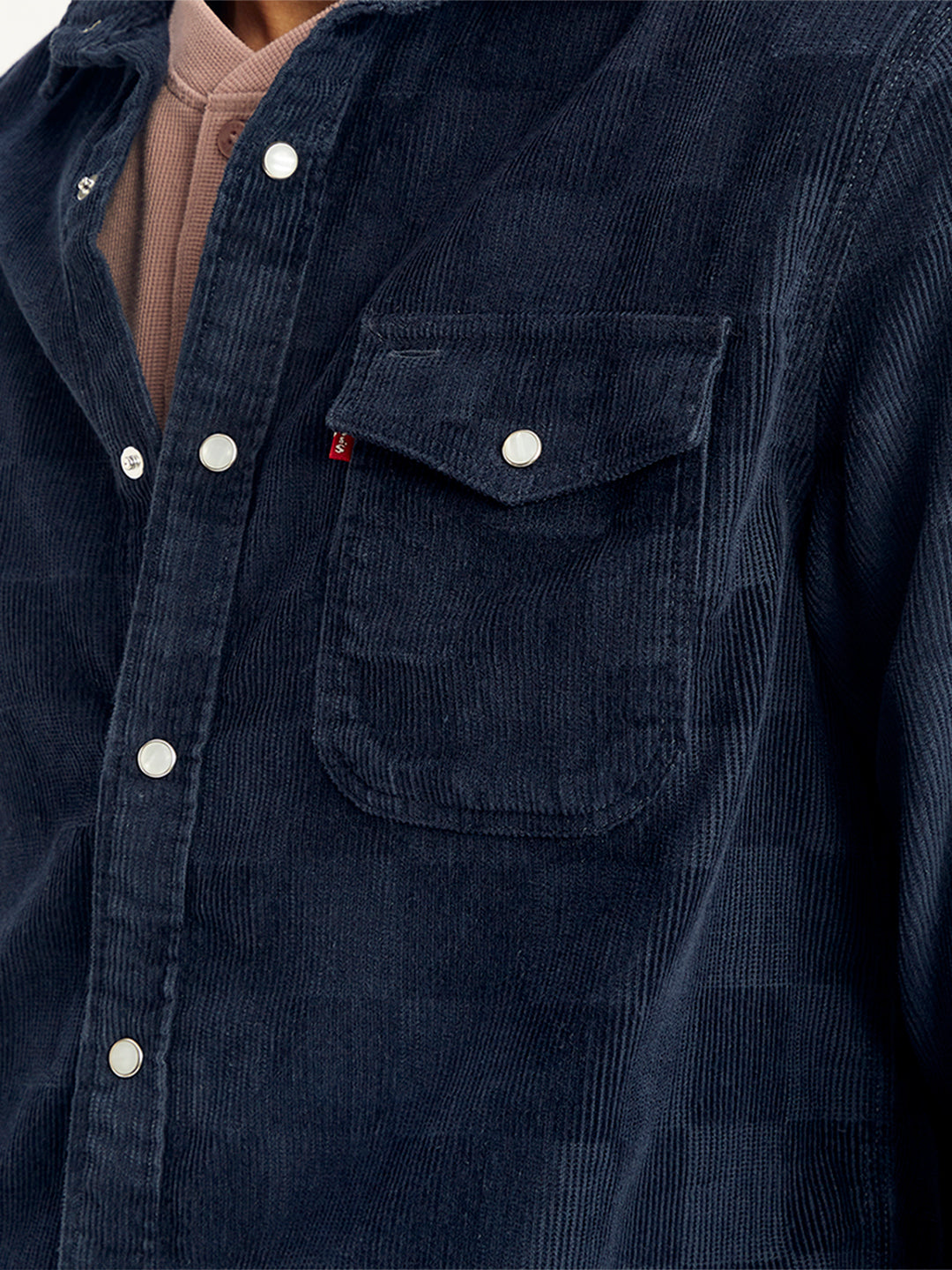 Men's Checkered Spread Collar Denim Shirt - Detail View