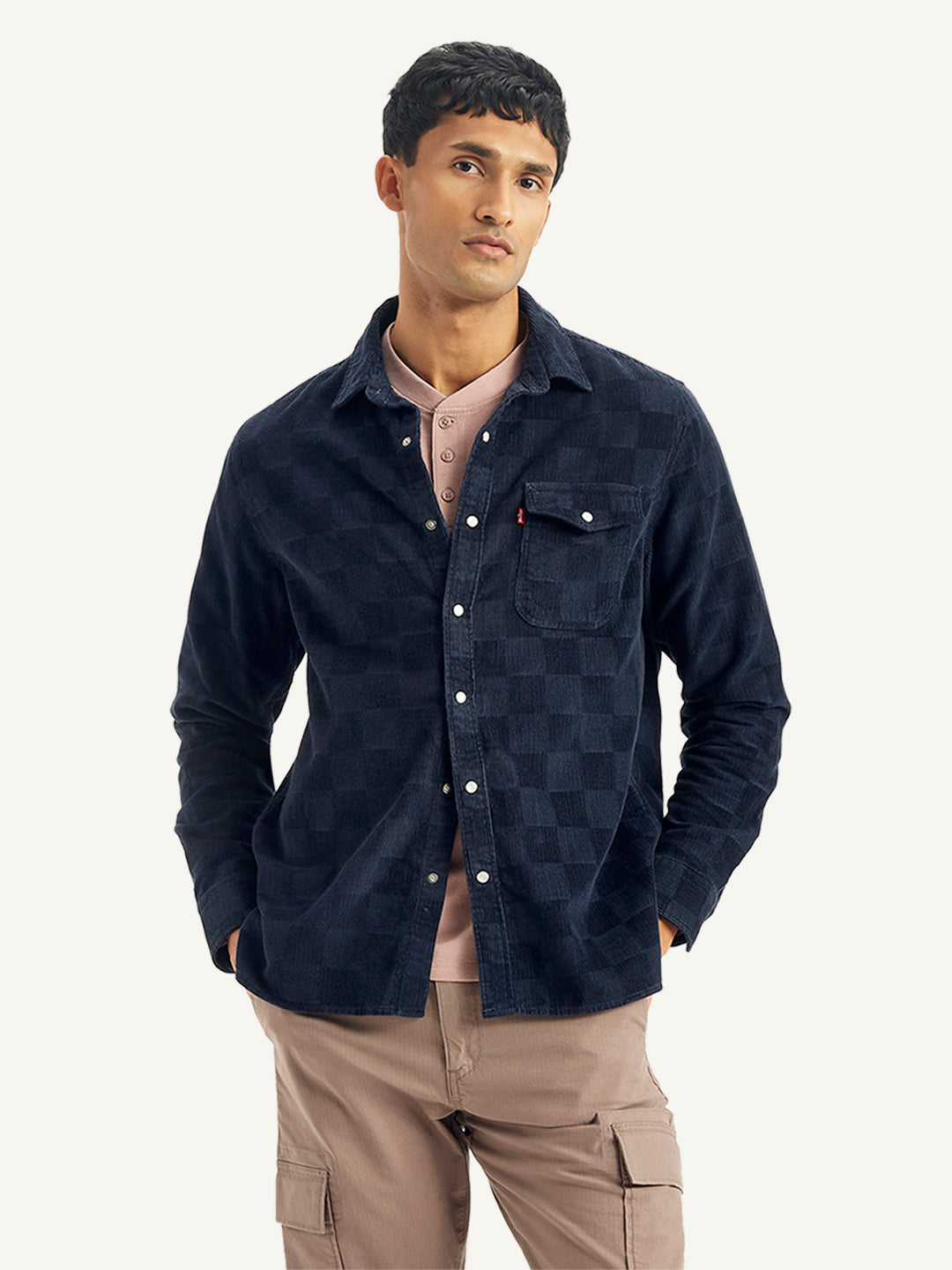 Men's Checkered Spread Collar Denim Shirt - Styleshot View