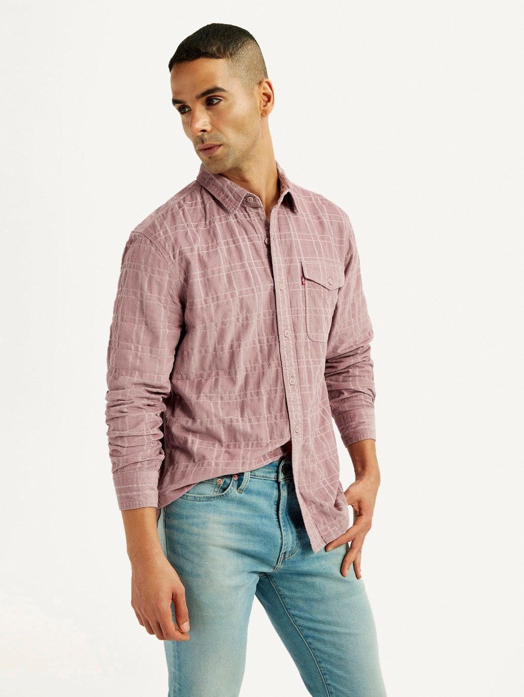 Men's Mauve Checkered Slim Fit Corduroy Shirt - Elevated View