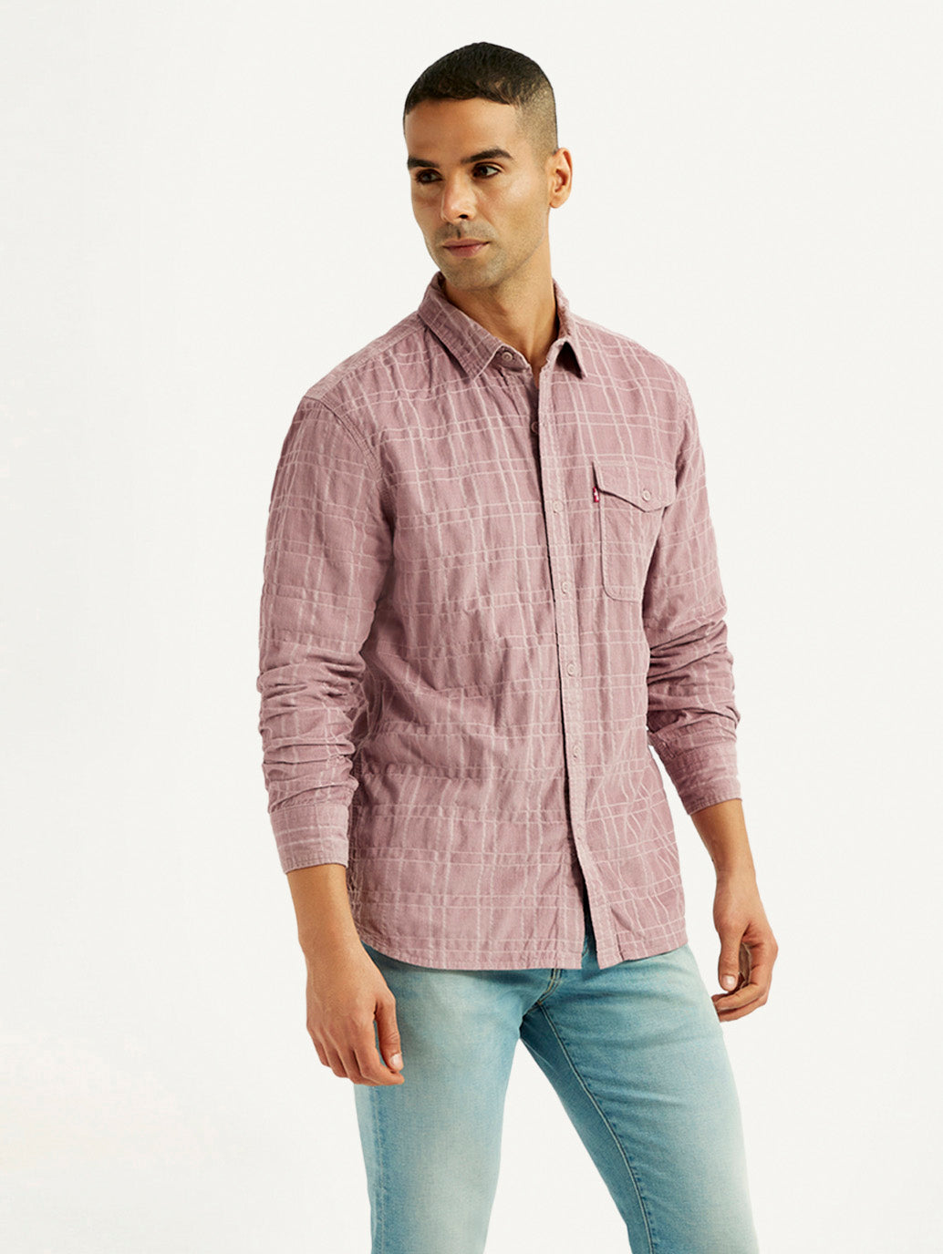 Men's Mauve Checkered Slim Fit Corduroy Shirt
