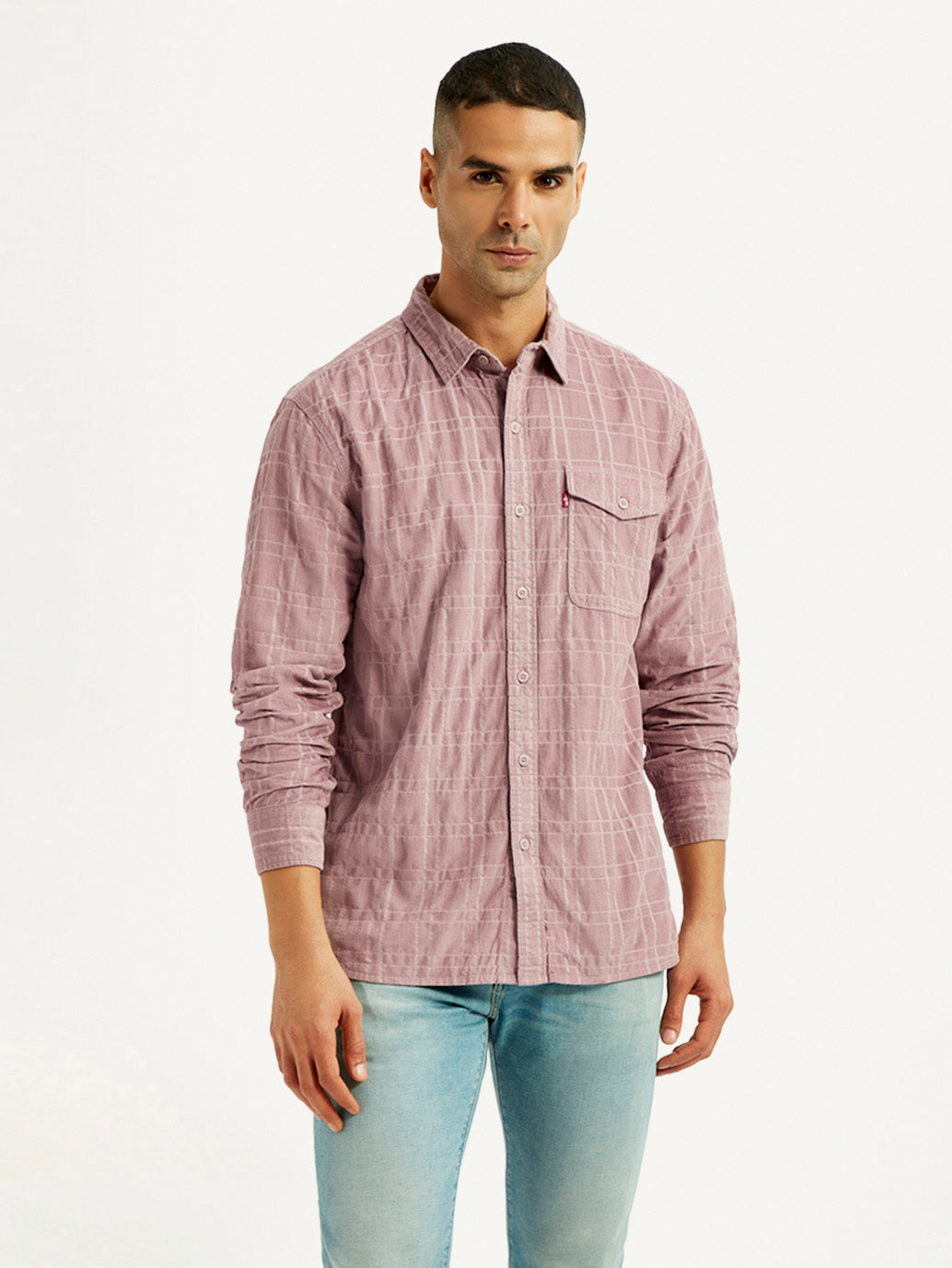Men's Mauve Checkered Slim Fit Corduroy Shirt - Front View