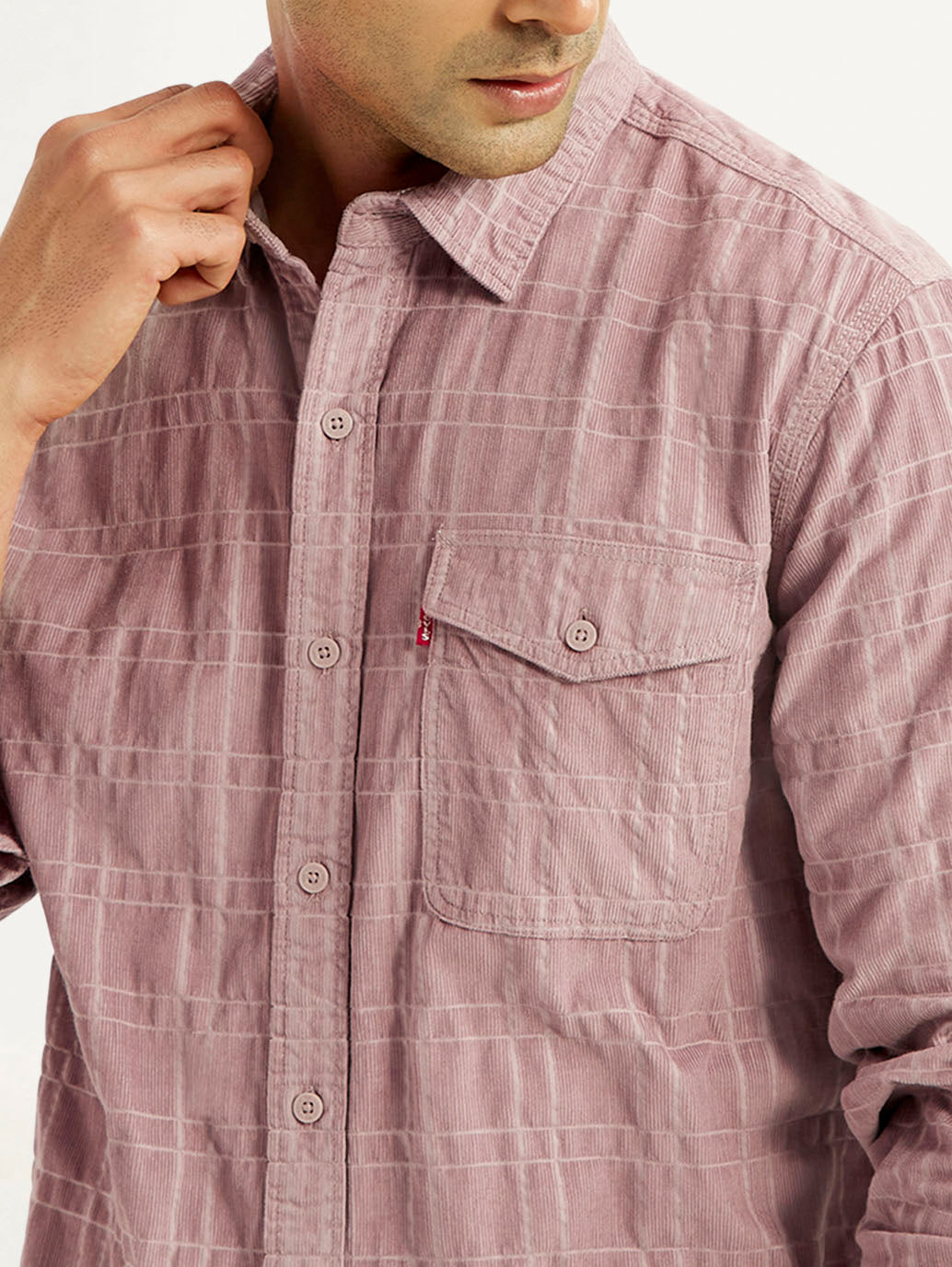 Men's Mauve Checkered Slim Fit Corduroy Shirt - Detail View
