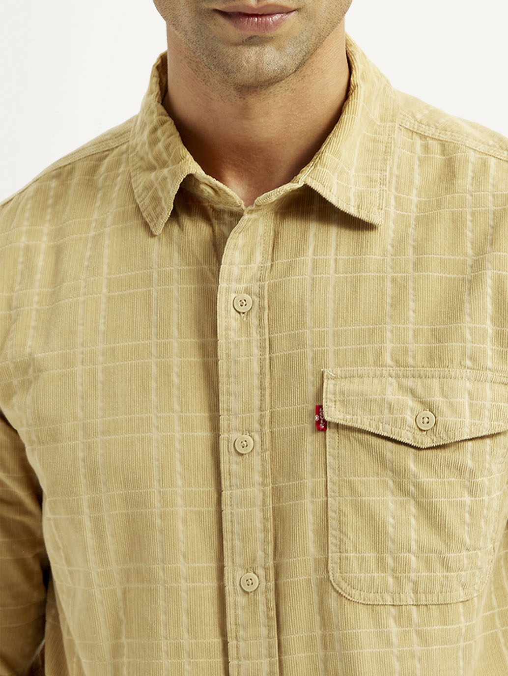 Men's Checkered Slim Fit Corduroy Shirt - Detail View