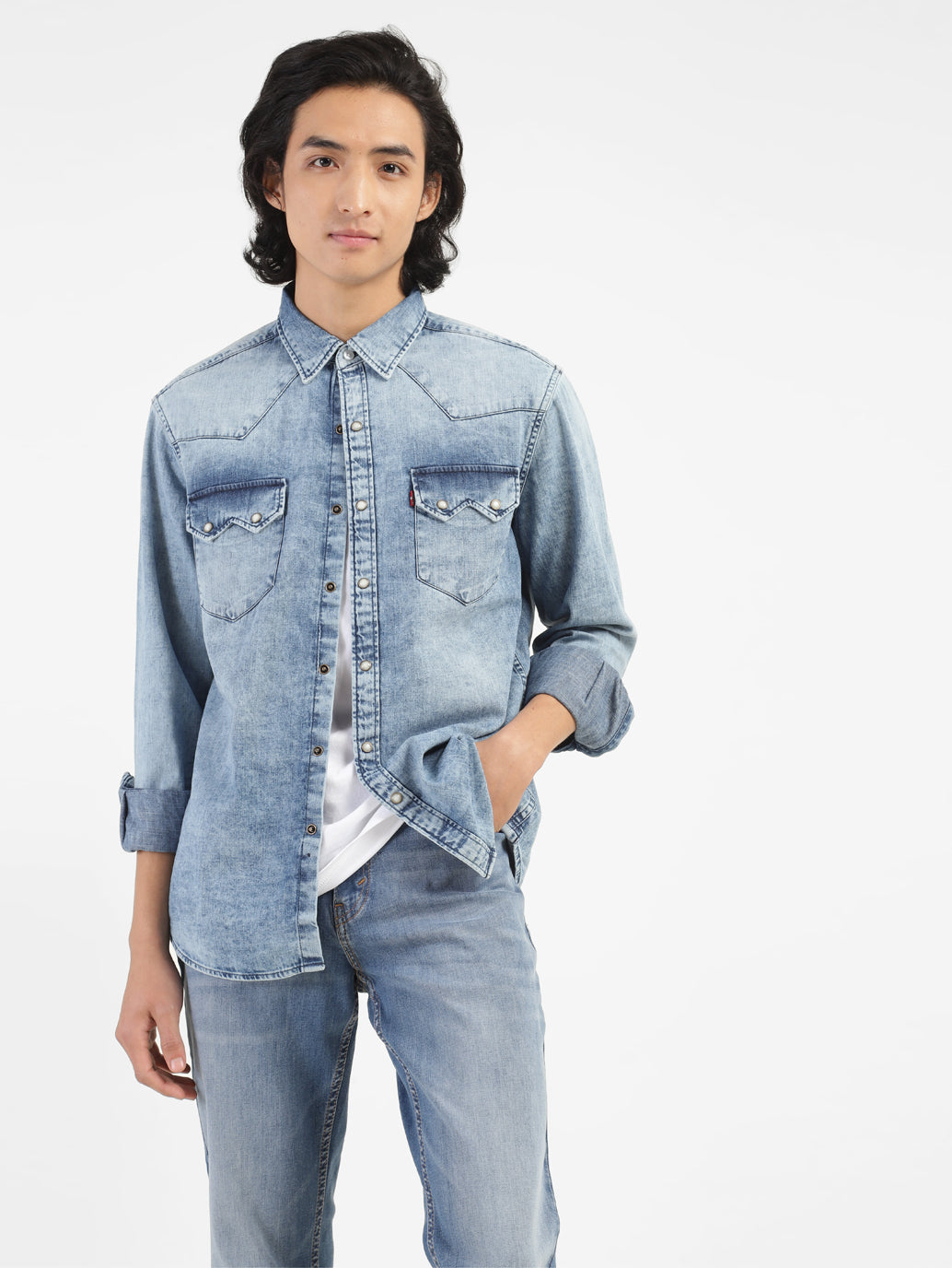 Men's Solid Blue Collar Denim Shirt - ce7b670a-2e44-44dd-a748-fd3b452f67b0 View