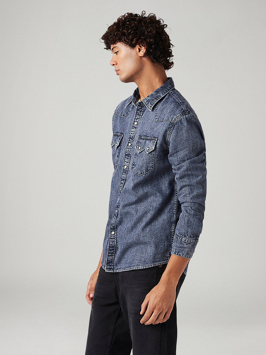 Men's Solid Slim Fit Denim Shirt - Side View
