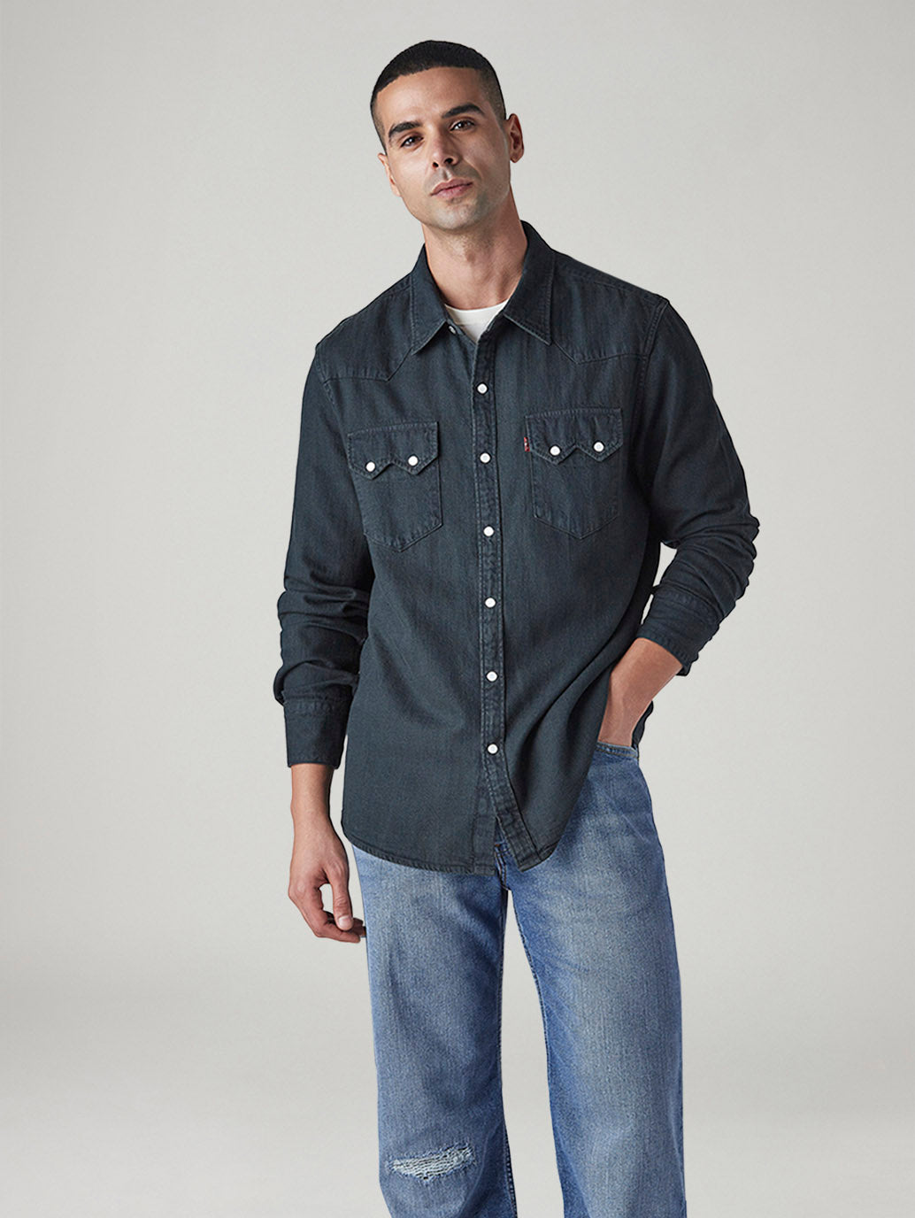 Men's Solid Slim Fit Denim Shirt - Front View