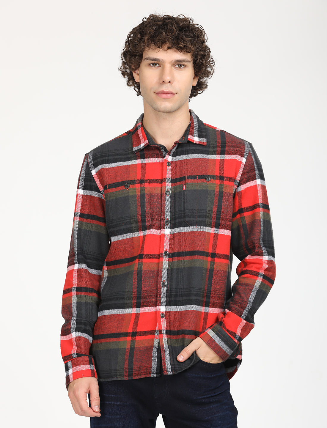 Men's Plaid Red Spread Collar Shacket - Front View