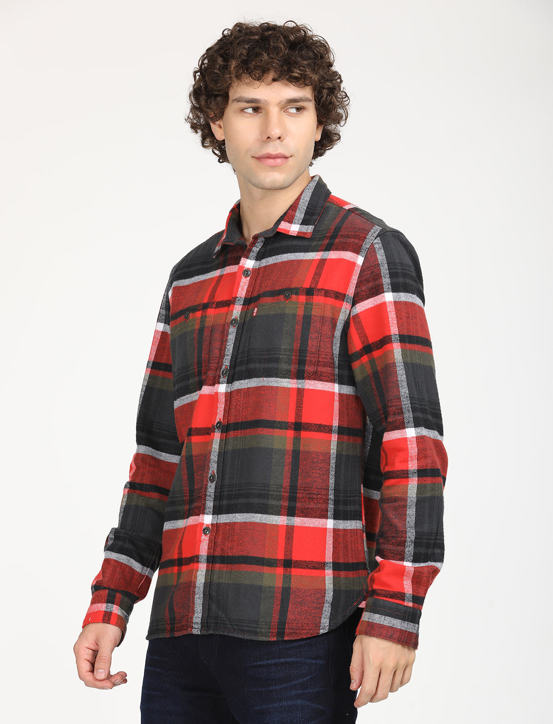 Men's Plaid Red Spread Collar Shacket - RightSide View
