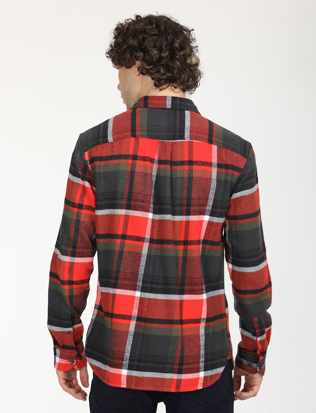 Men's Plaid Red Spread Collar Shacket - Back View