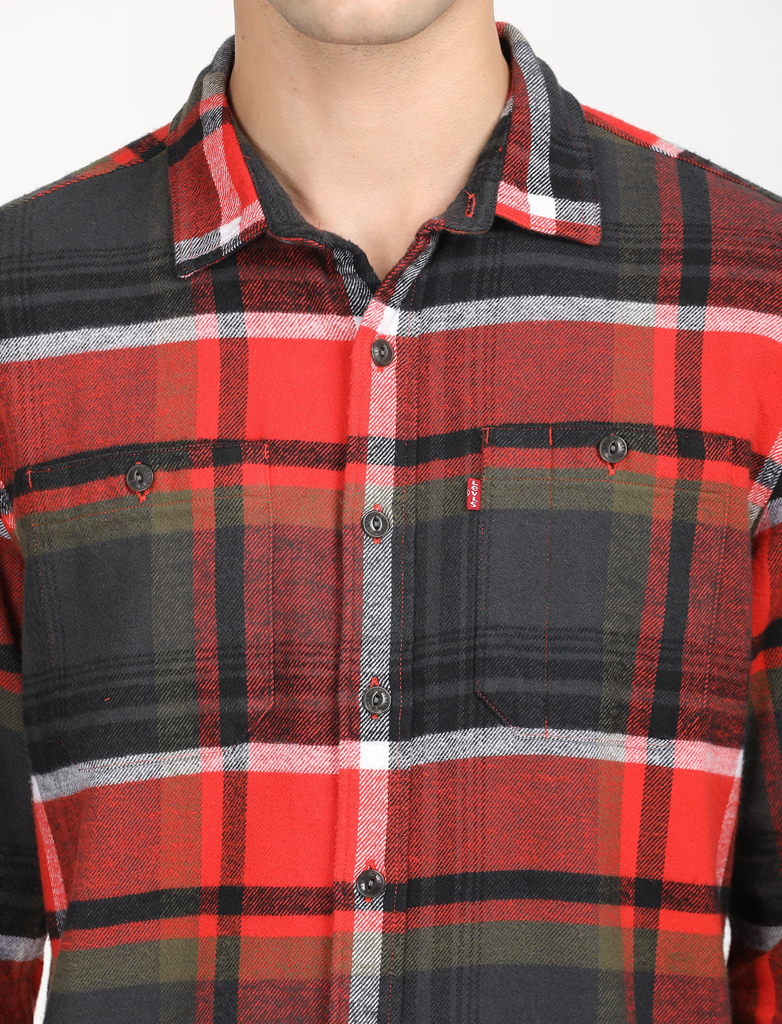 Men's Plaid Red Spread Collar Shacket - Detail View