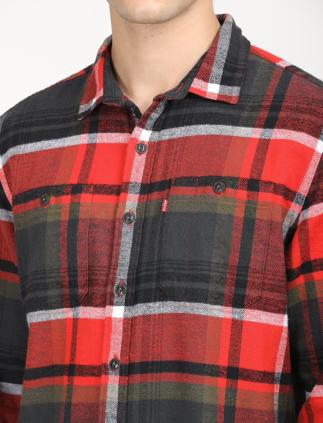 Men's Plaid Red Spread Collar Shacket - Detail View