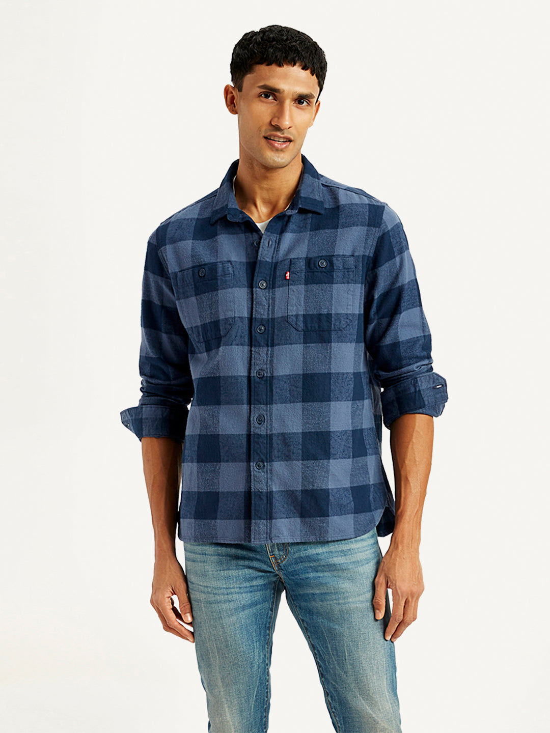 Men's Checkered Navy Spread Collar Shacket - Front View