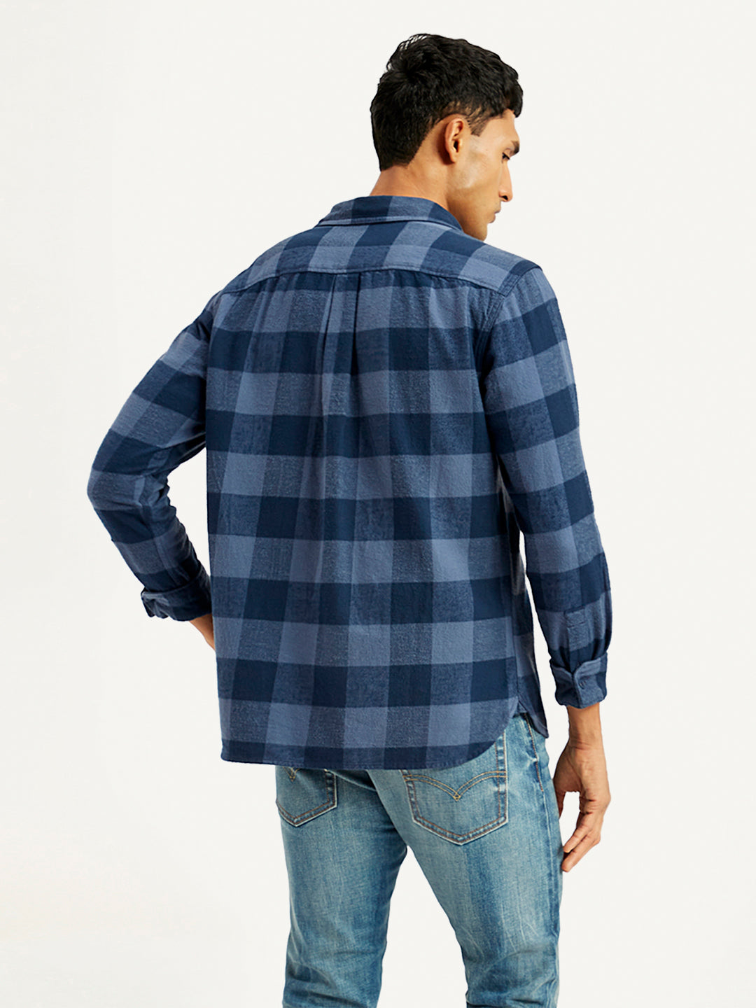 Men's Checkered Navy Spread Collar Shacket - Back View