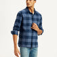 Men's Checkered Navy Spread Collar Shacket - Side View