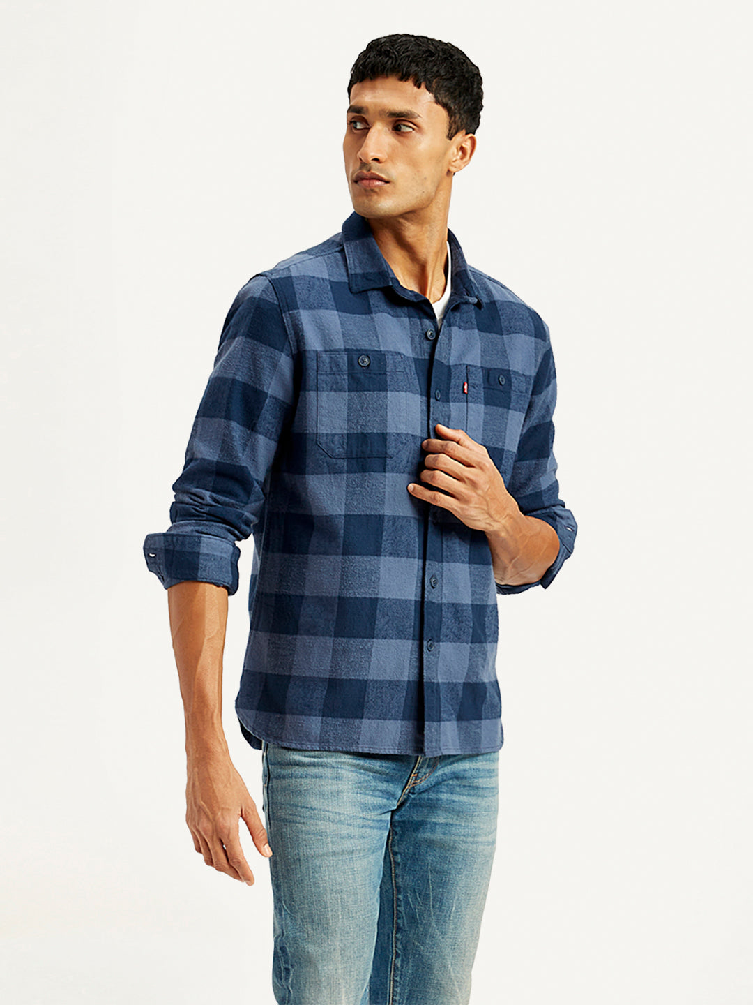 Men's Checkered Navy Spread Collar Shacket - Side View