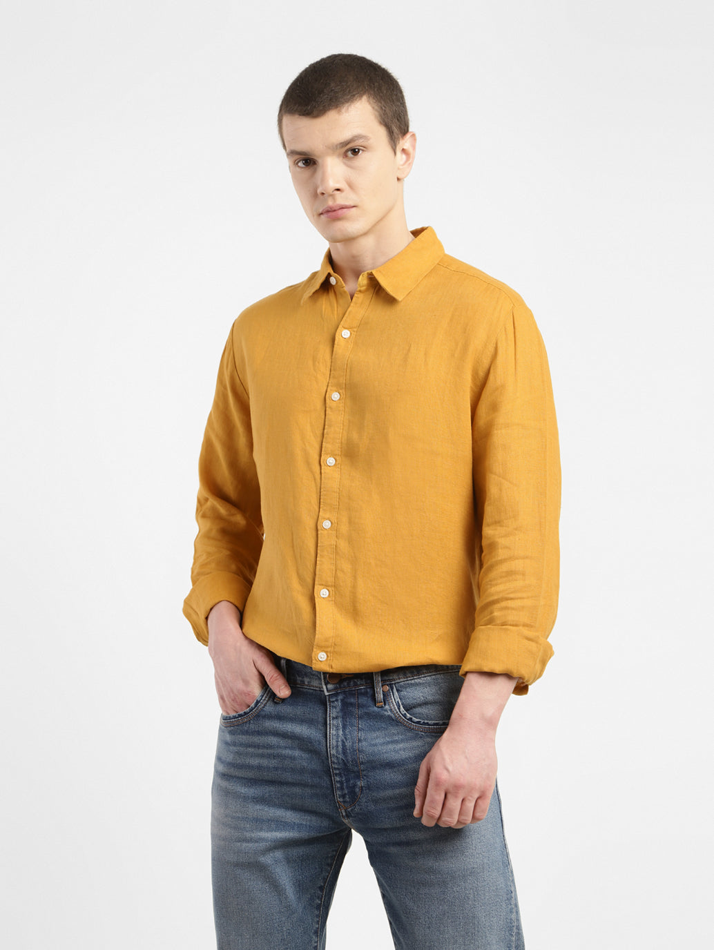 Men's Solid Spread Collar Linen Shirt - 3b6db4b3-7e81-4b84-941a-dc11144e8422 View