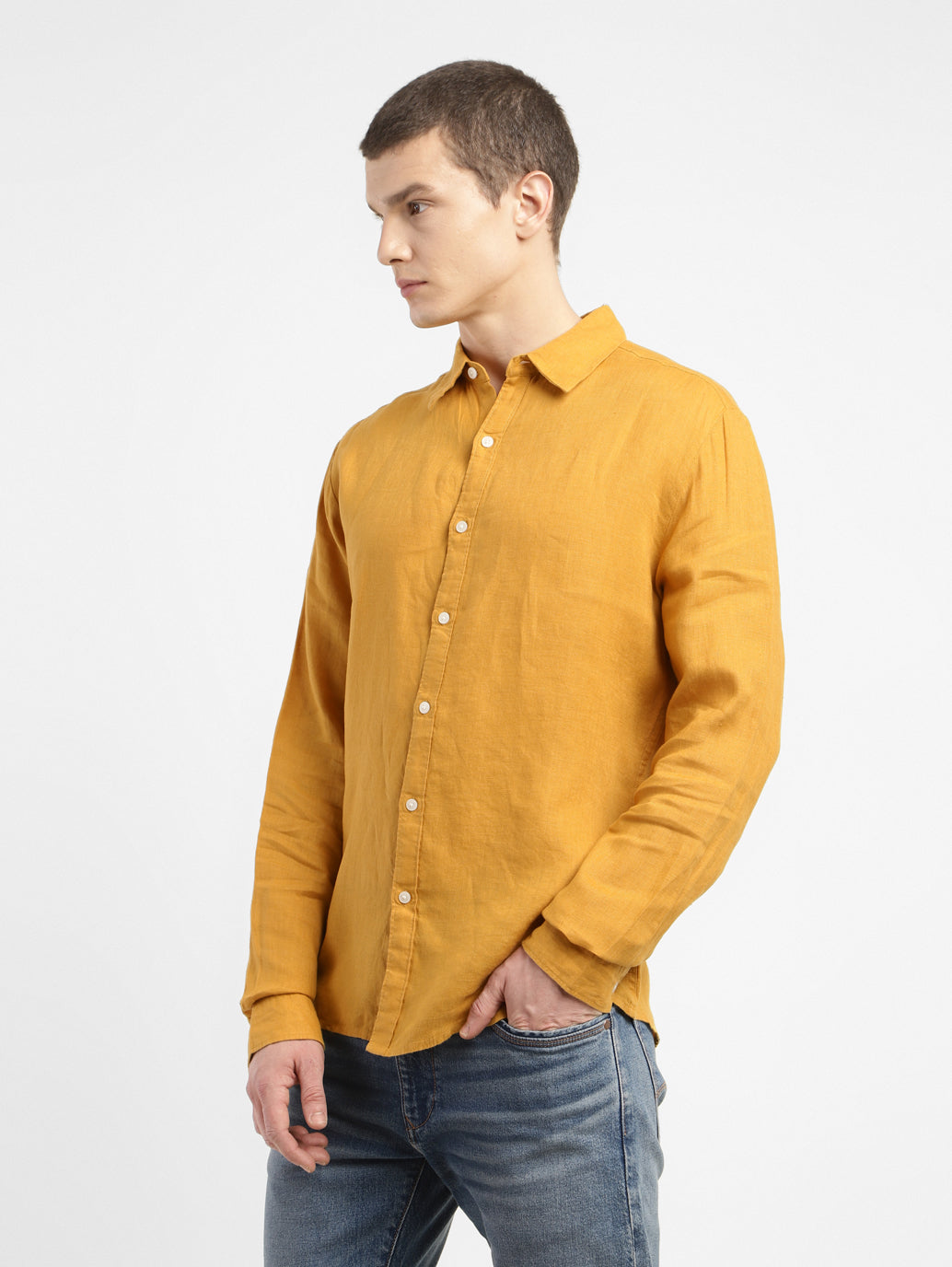 Men's Solid Spread Collar Linen Shirt - d8a2449e-c228-492c-9470-66949290877b View