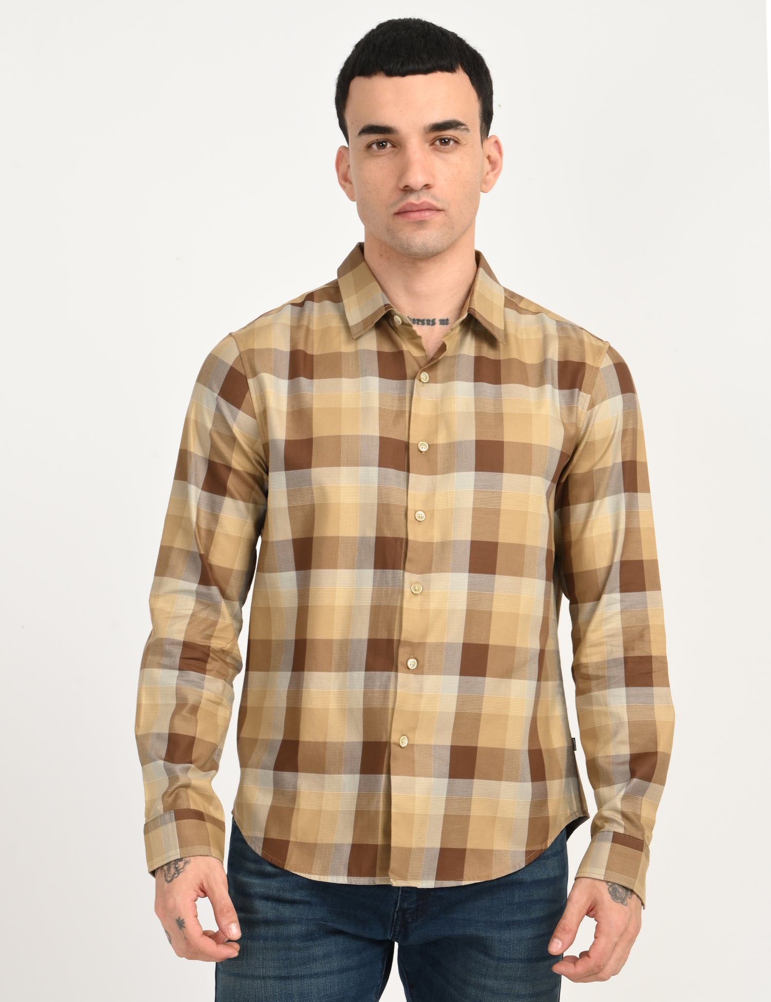 Men's Checkered Light Brown Slim Fit Shirt