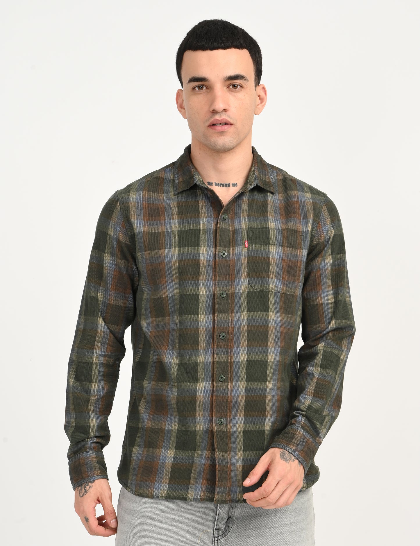 Men's Checkered Olive Slim Fit Corduroy Shirt - a498367c-e6a9-43da-b704-bc4a6fe794c1 View