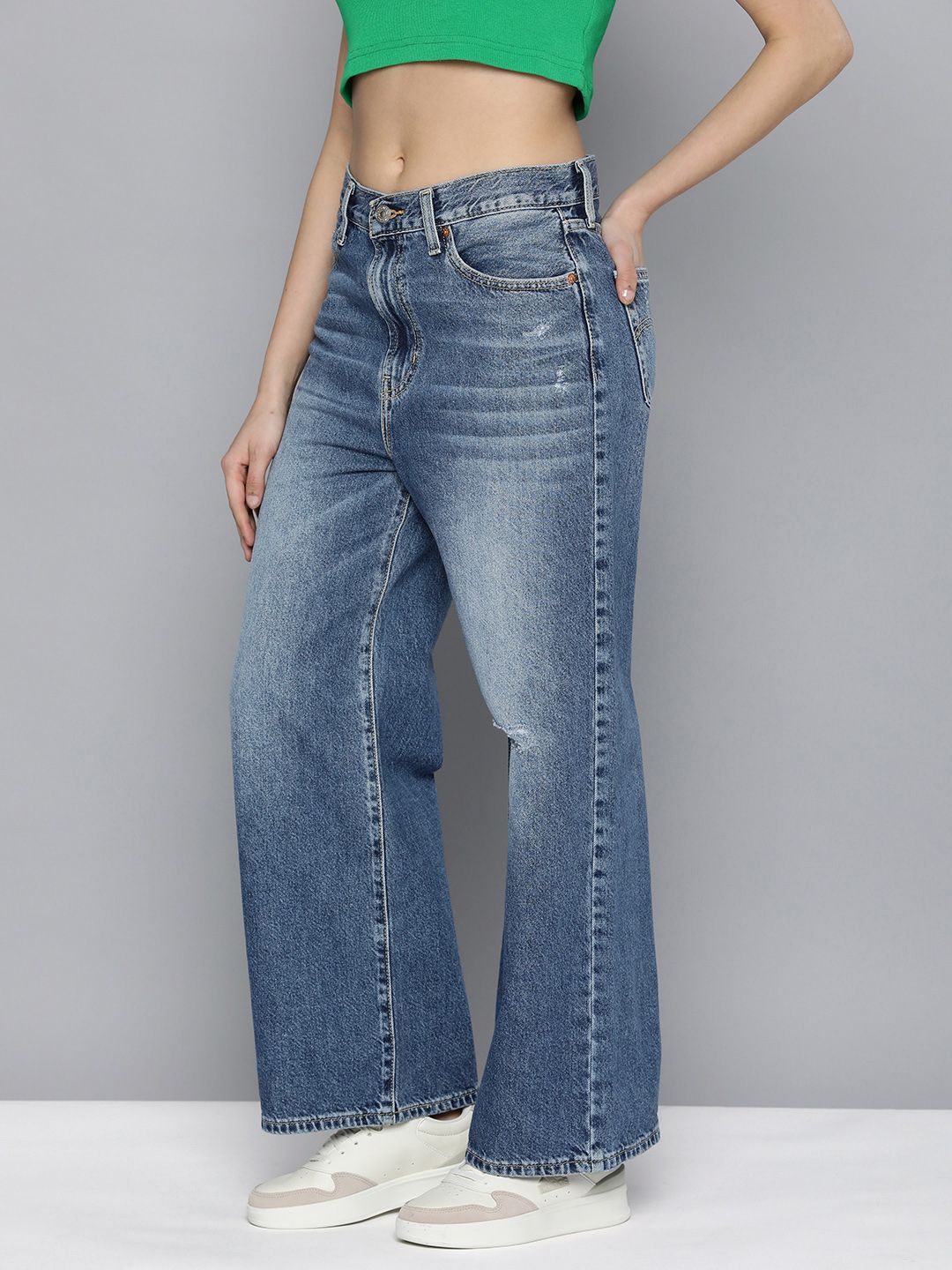 Women's Blue Ribcage Bell Bottom Wide Leg Fit Mid Rise Jeans - 1b0c8533275368b595c76a63e28f0485 View