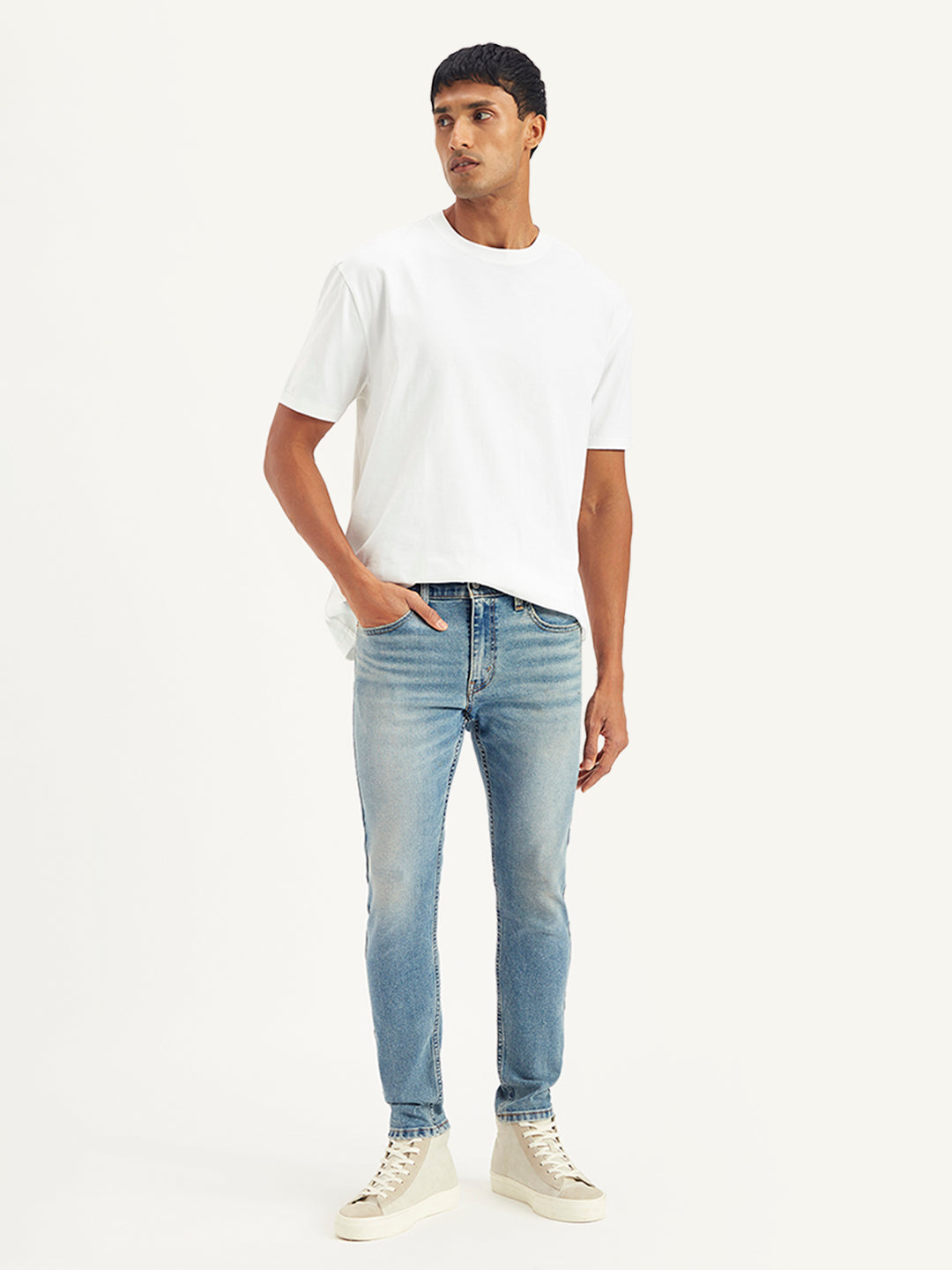 Men's Light Blue Skinny Fit Mid Rise Jeans - Front View