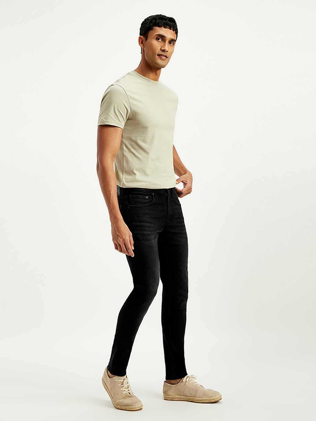 Men's Black Skinny Tapered Fit Mid Rise Jeans - Side View
