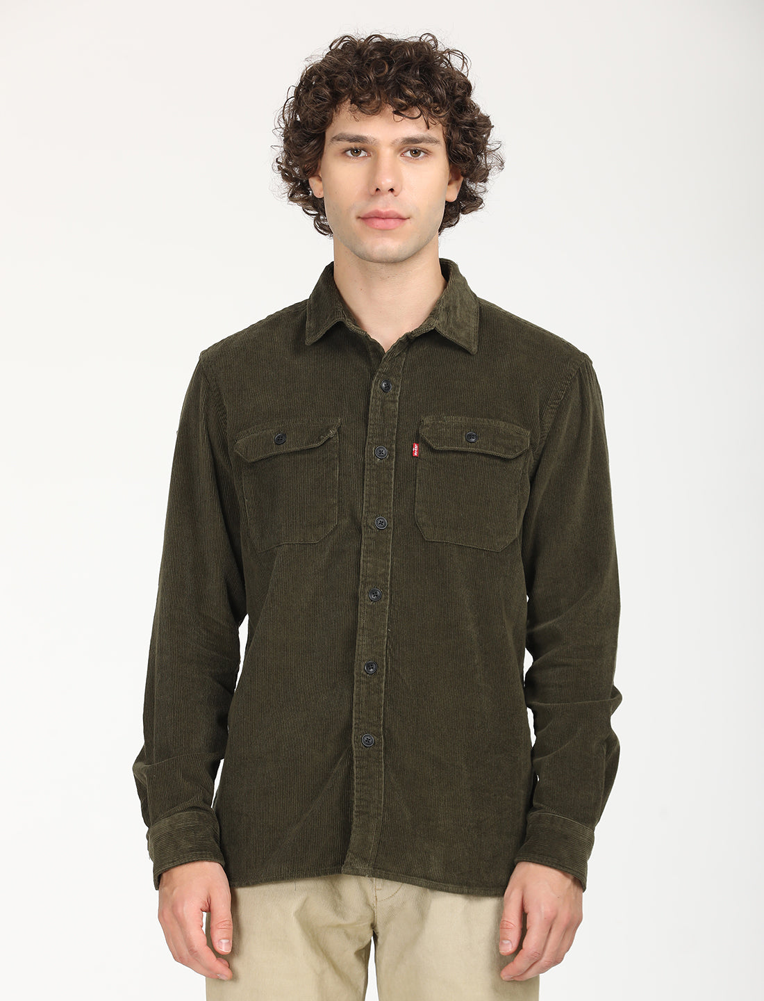 Men's Solid Olive Spread Collar Shacket - Front View