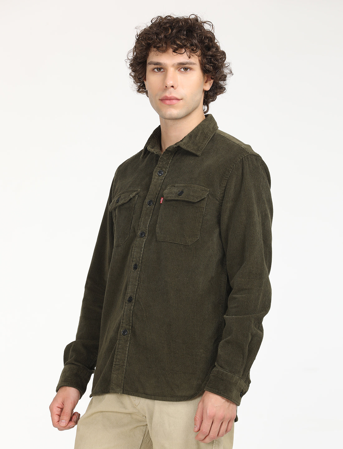 Men's Solid Olive Spread Collar Shacket - RightSide View