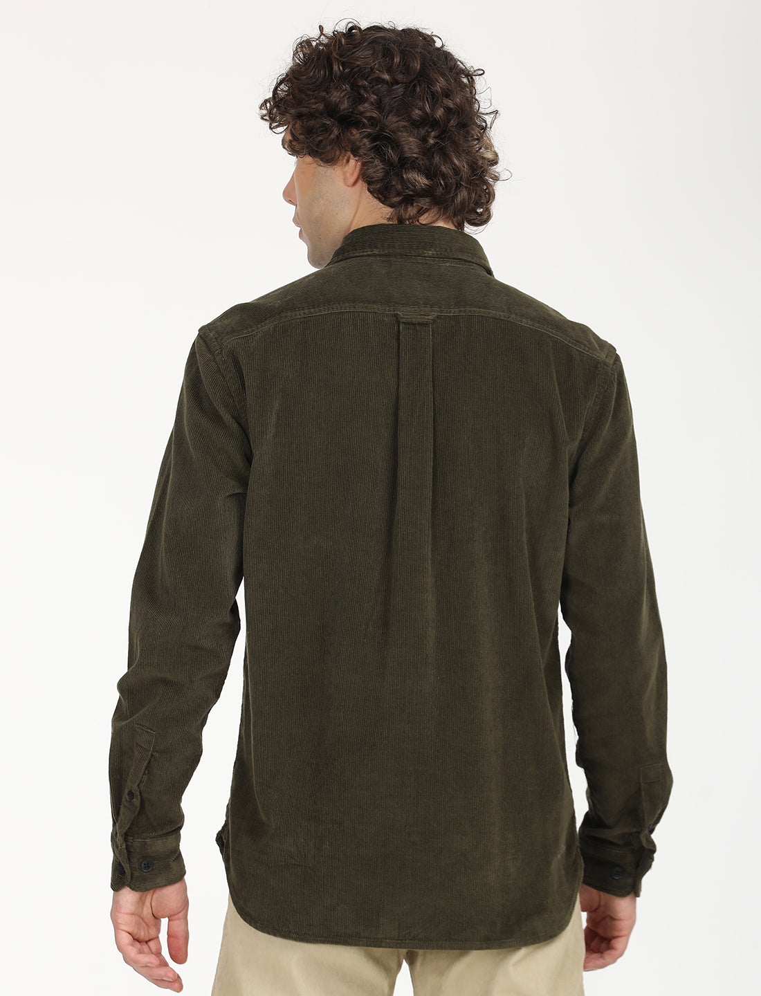 Men's Solid Olive Spread Collar Shacket - Back View