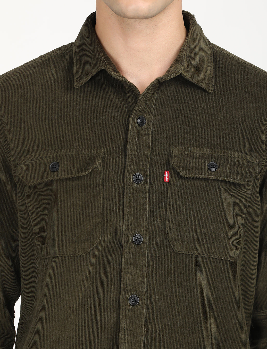 Men's Solid Olive Spread Collar Shacket - Detail View