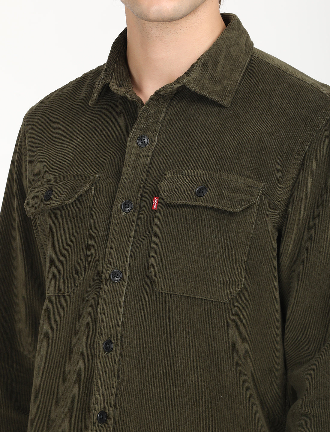 Men's Solid Olive Spread Collar Shacket - Detail View