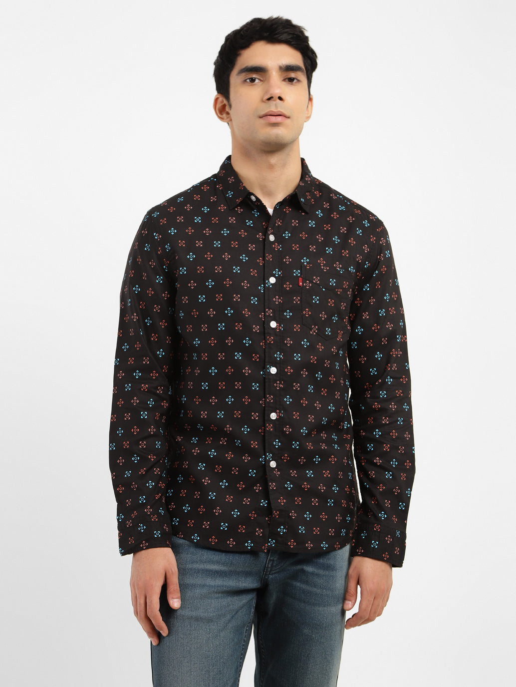 Men's Geometric Print Spread Collar Shirt - cae91ed4-fdf6-4db9-85b5-a3422d5563c0 View