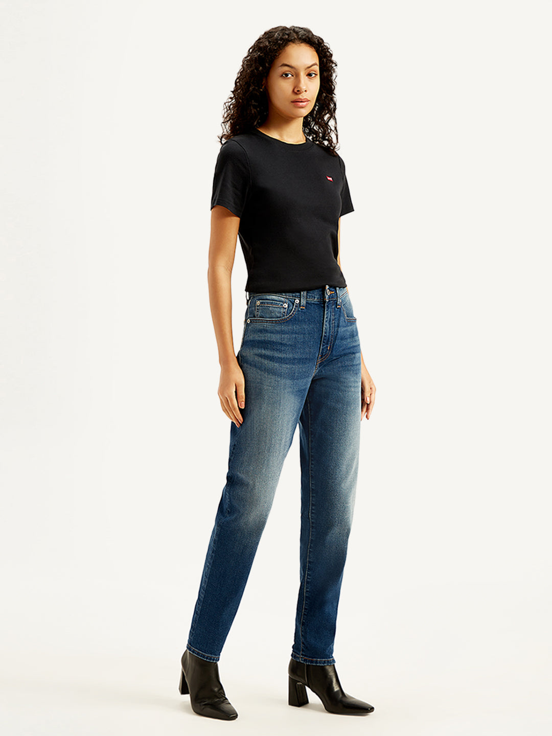 Women's Blue Loose Fit High Rise Boyfriend Jeans - Side View