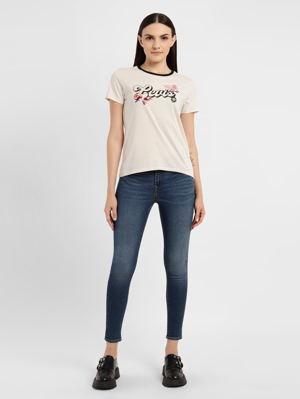 Women's Graphic Print Crew Neck T-shirt - ModelFront View