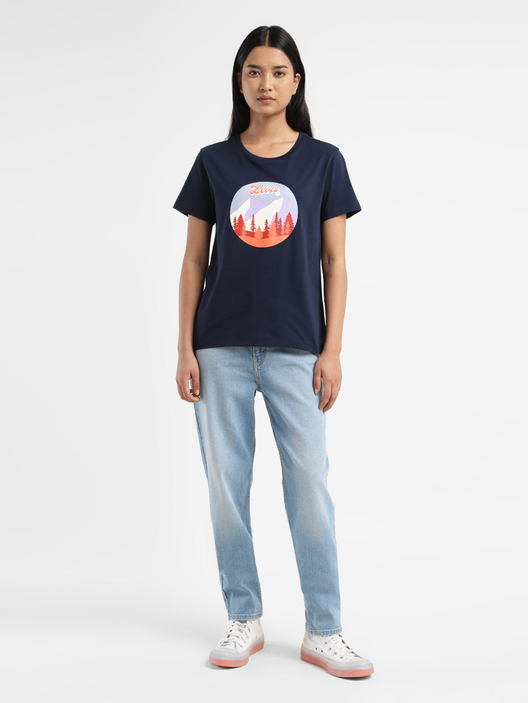 Women's Graphic Printed Crew Neck T-Shirt - ModelFront View