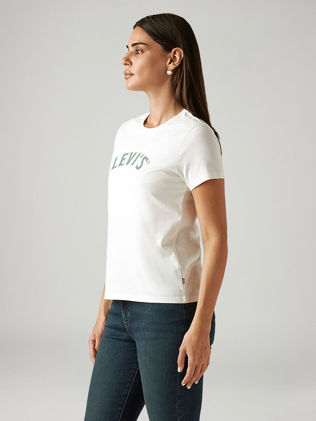 Women's Brand Logo White Crew Neck T-shirt - Side View