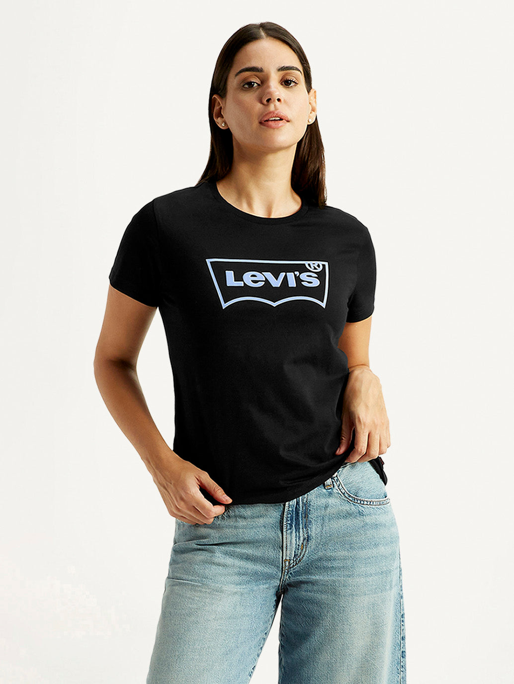 Women's Brand Logo Black Round Neck T-shirt - Styleshot View