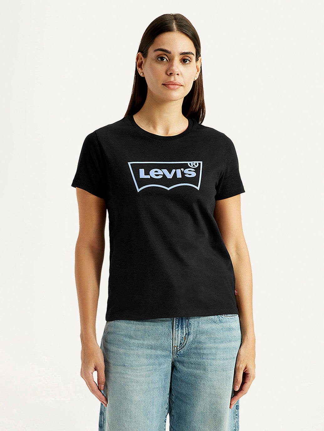 Women's Brand Logo Black Round Neck T-shirt - Front View