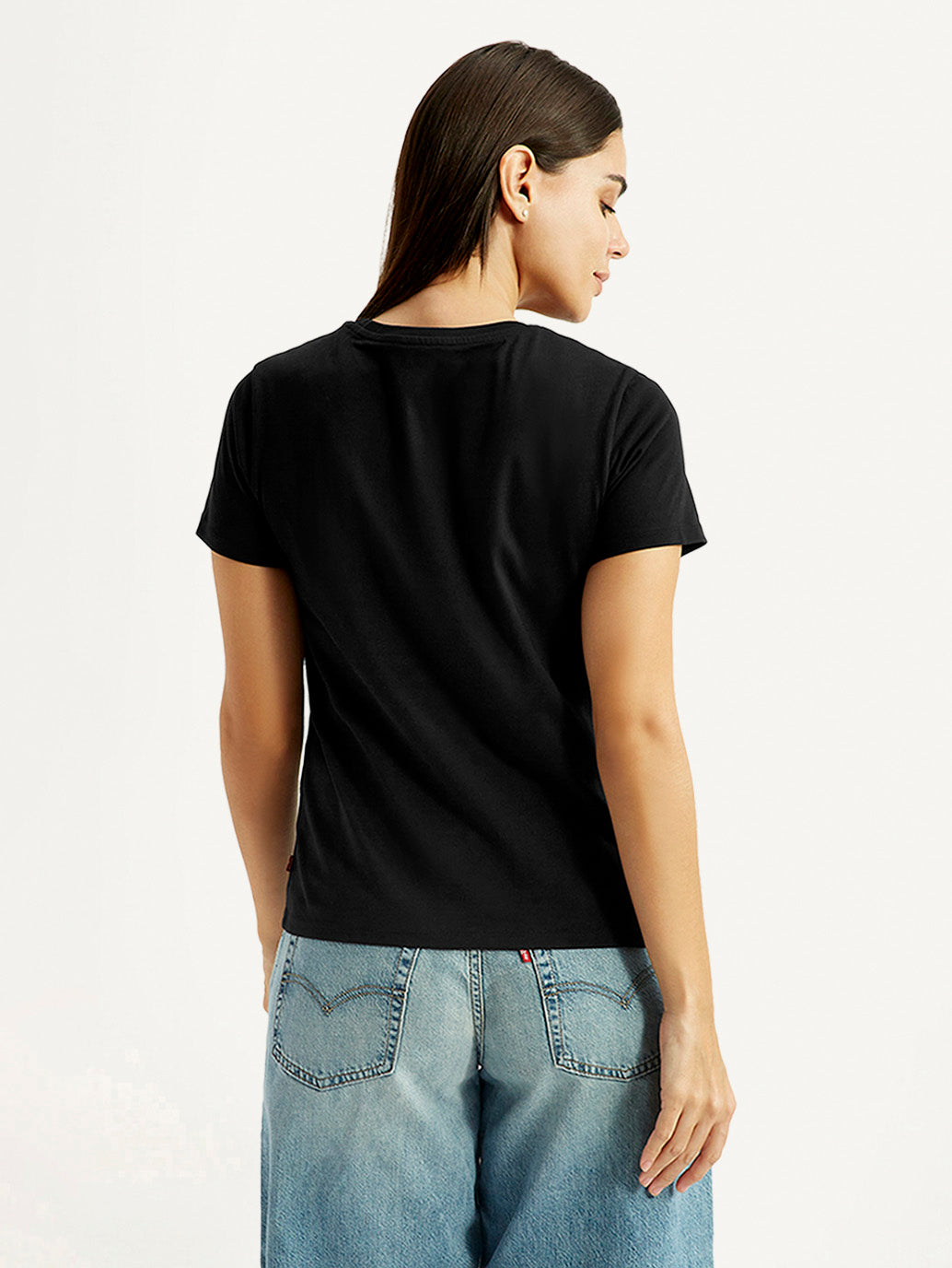 Women's Brand Logo Black Round Neck T-shirt - Back View