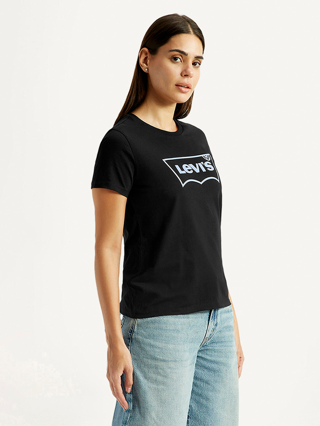 Women's Brand Logo Black Round Neck T-shirt - Side View