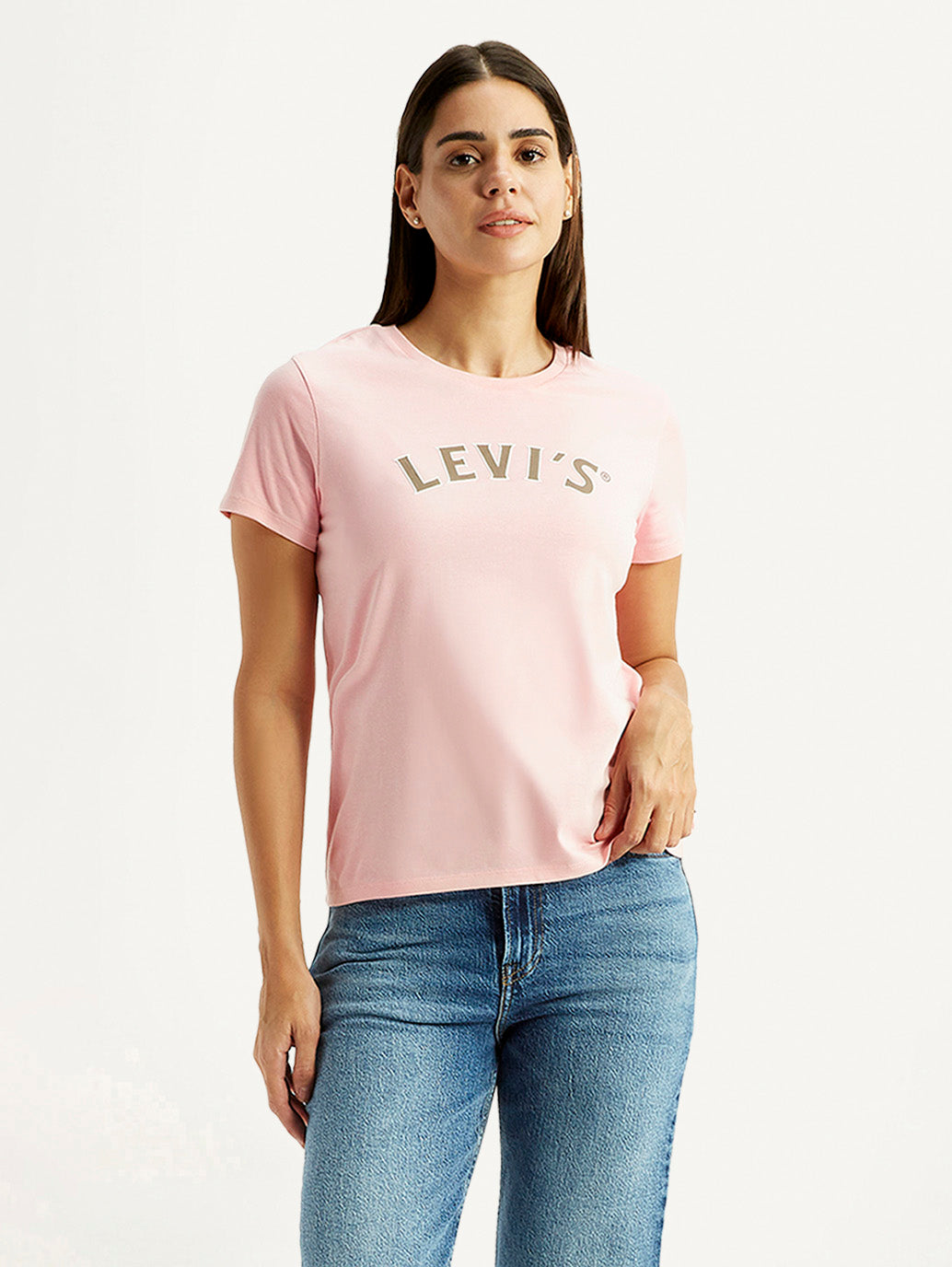 Women's Brand Logo Light Pink Round Neck Relaxed Fit T-shirt - Styleshot View