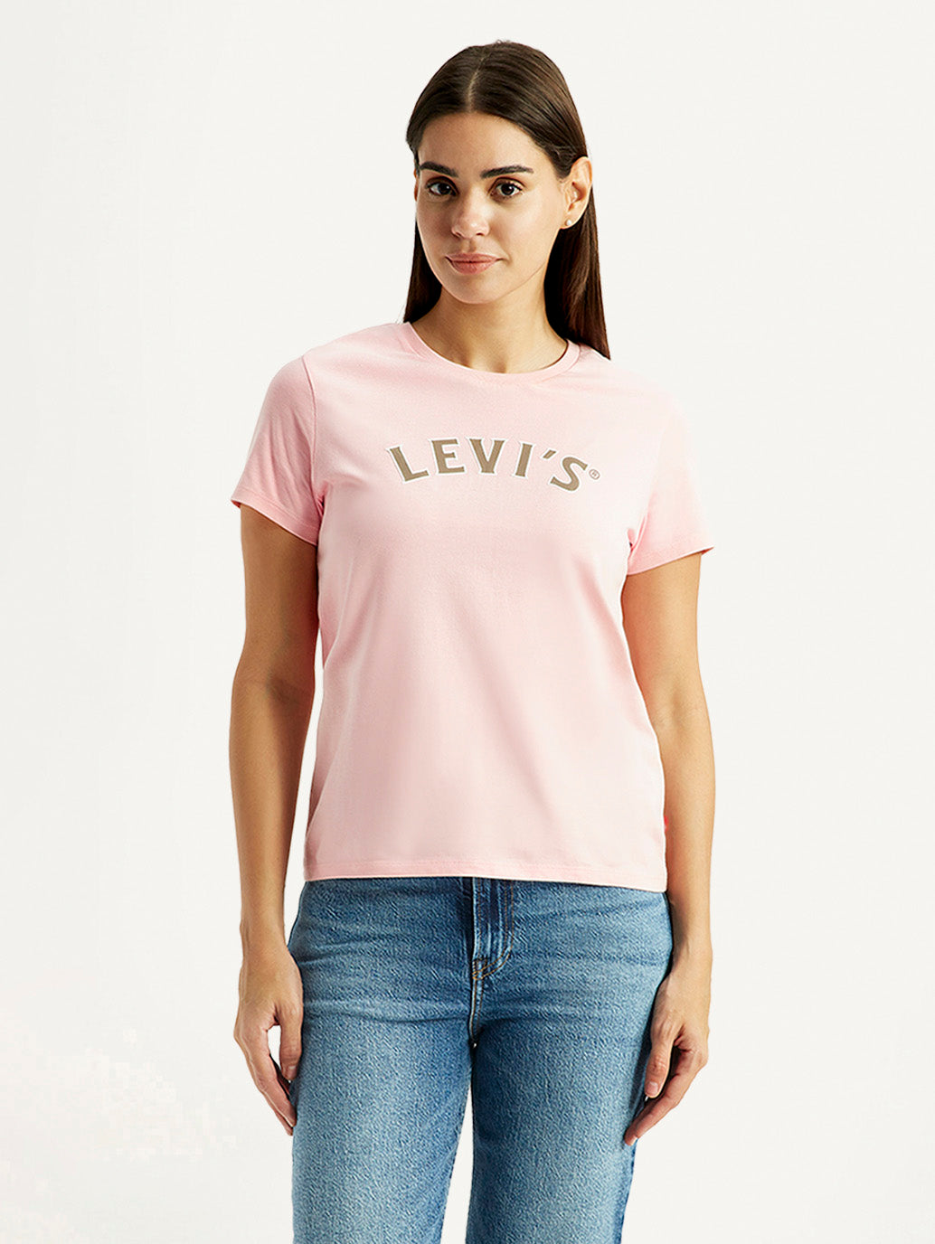 Women's Brand Logo Light Pink Round Neck Relaxed Fit T-shirt - Front View