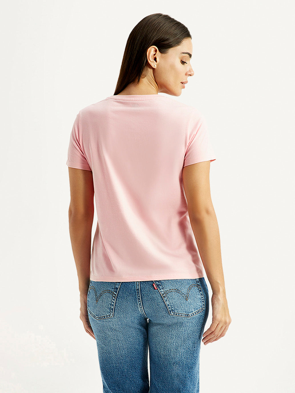 Women's Brand Logo Light Pink Round Neck Relaxed Fit T-shirt - Back View