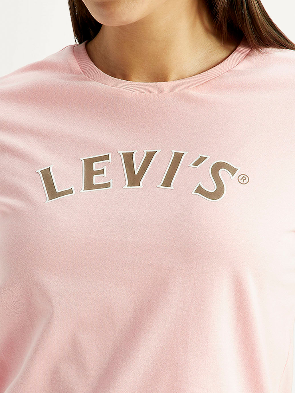 Women's Brand Logo Light Pink Round Neck Relaxed Fit T-shirt - Detail View