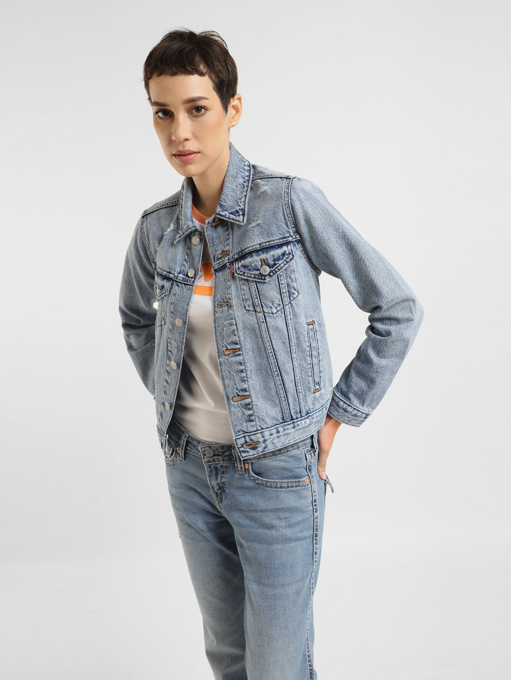 Women's Solid Spread Collar Denim Jacket - 9dd73dd4-2daa-4090-a6c3-973e7cb33df9 View