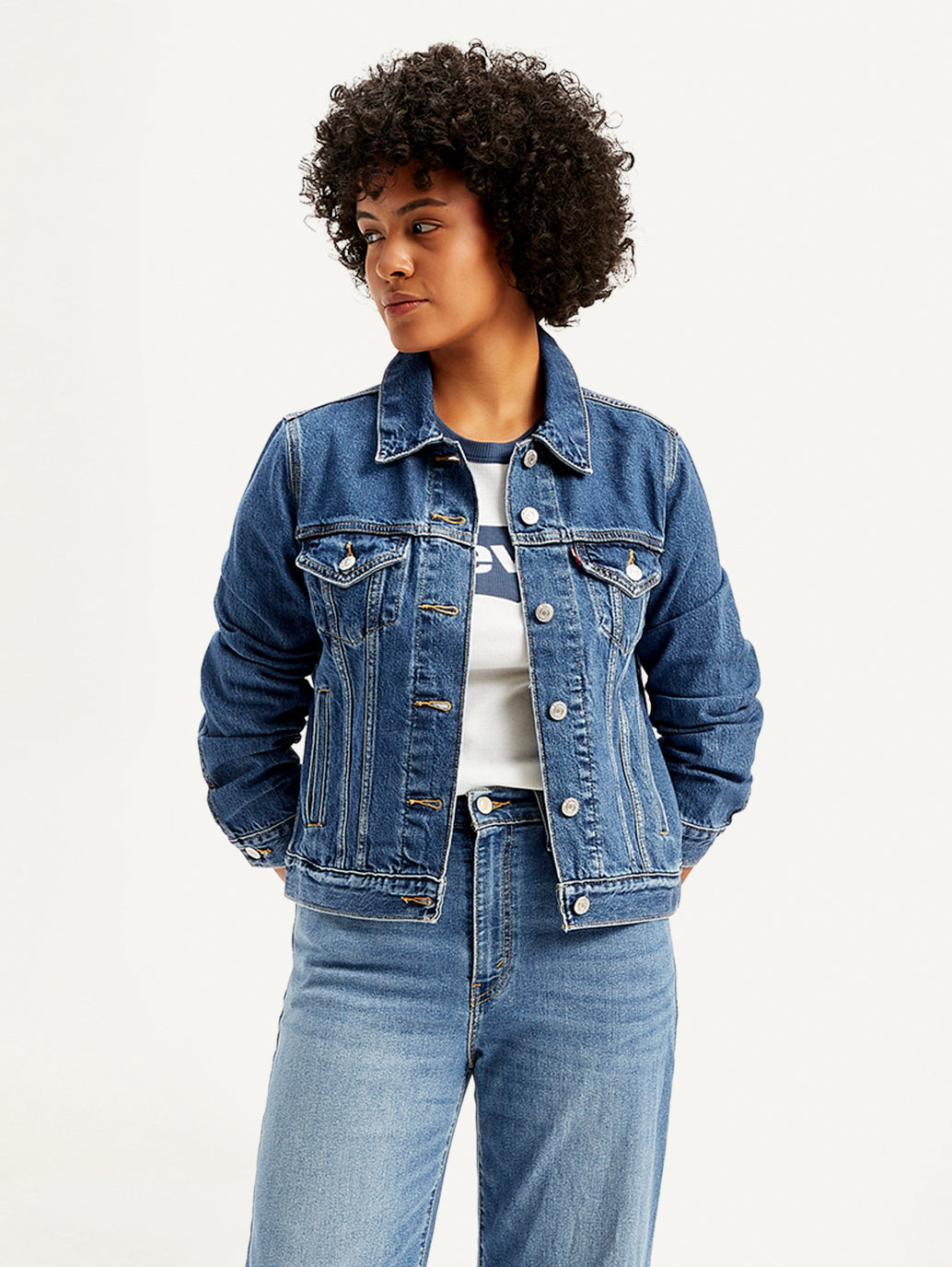 Women's Solid Blue Spread Collar Denim Jacket - Styleshot View
